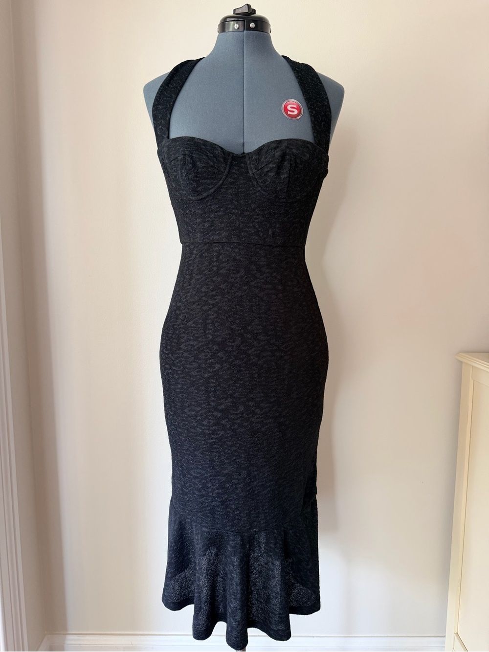 Anthropologie Hutch black halter corset, midi, dress Sweetheart flare hem